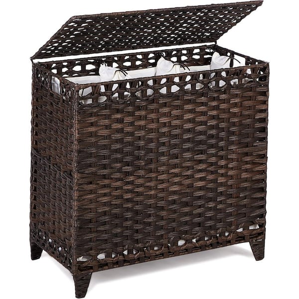 132L Laundry Hamper with 3 Removable Liner Bags, Lid, Side Handles & 3 Separate Section in Brown
