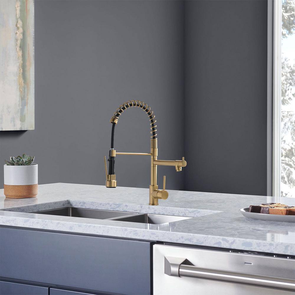 Brushed Gold Brass Pull-Down Kitchen Faucet with Spray