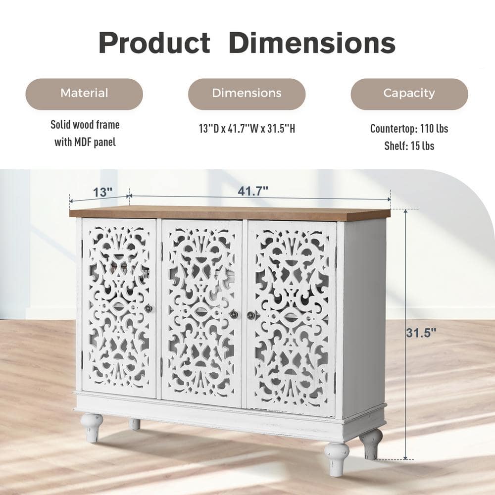 White 3-Door Carved Wood Sideboard with Adjustable Shelving