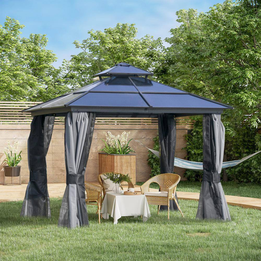 Gray 10' x 10' Aluminum Patio Gazebo with Netting and Curtains