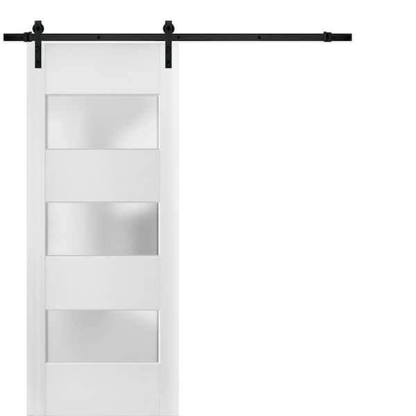 36 in. x 96 in. 3 Lites Frosted Glass White Finished Pine Wood Sliding Barn Door with Hardware Kit