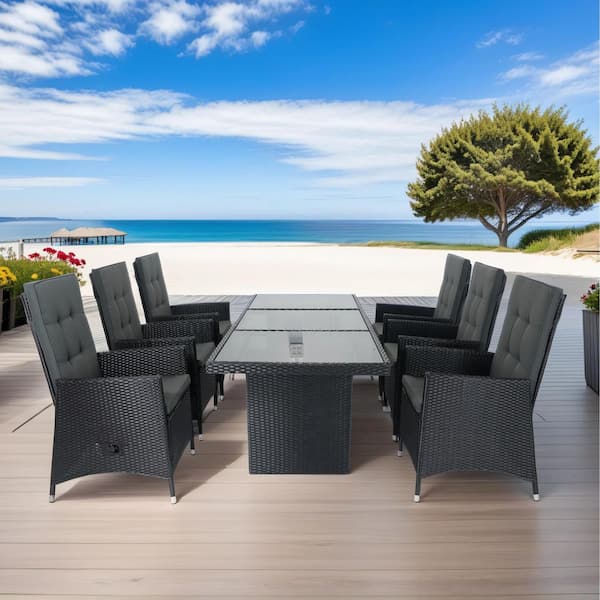 Unbranded 7-Piece Black Wicker Outdoor Dining Set with Gray Cushions and Glass Tabletop and Adjustable Backrest