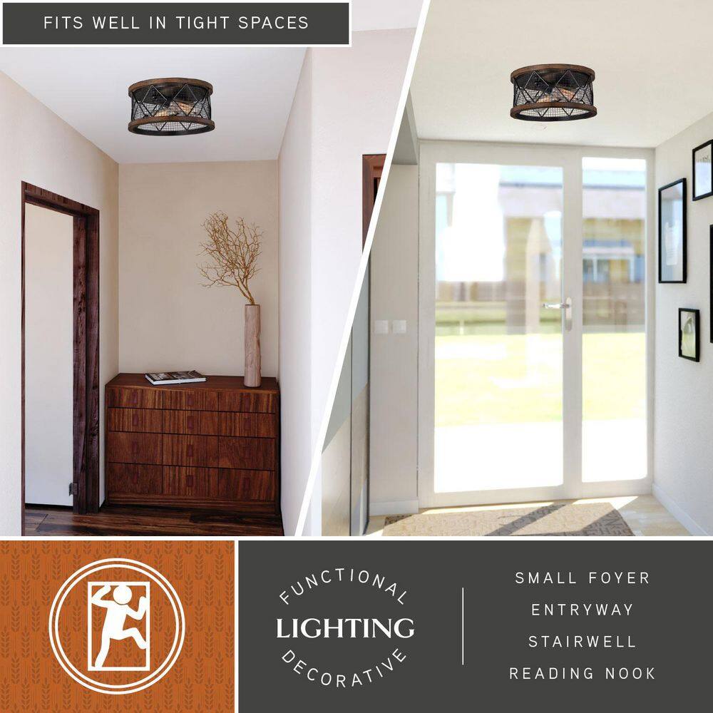 Bremerton 13" Bronze and Teak Drum Flush Mount Light