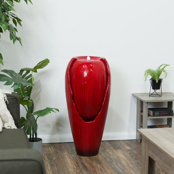 33 in. Tall Outdoor Cascading Antique Water Jar Urn Fountain with LED Lights, Red