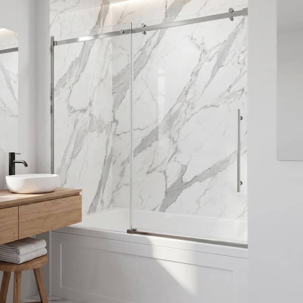 Luca 56 to 60 in. W x 58 in. H Sliding Frameless Tub Door in Stainless Steel with 3/8 in. (10mm) Clear Glass