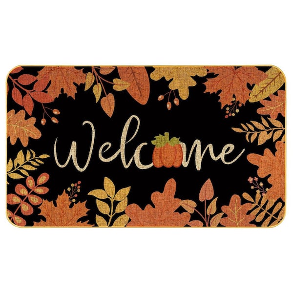 Red/Tan 2 ft. x 1 ft. Synthetic Brown, Non-Woven Fall, Welcome Doormat, Maple Leaves Design , Area Rug, Cotton