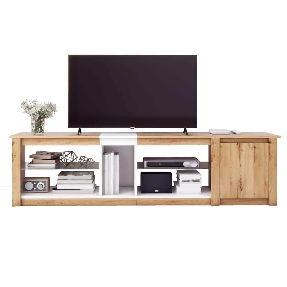 White Plus Natural Modern TV Stand Fits TVs up to 80 in. Media Console Ent