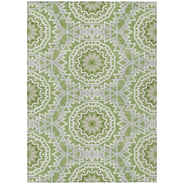 Olive Green, Ivory 5 ft. x 8 ft. Woven Floral, Medallion Polyester Rectangle Indoor/Outdoor Area Rug