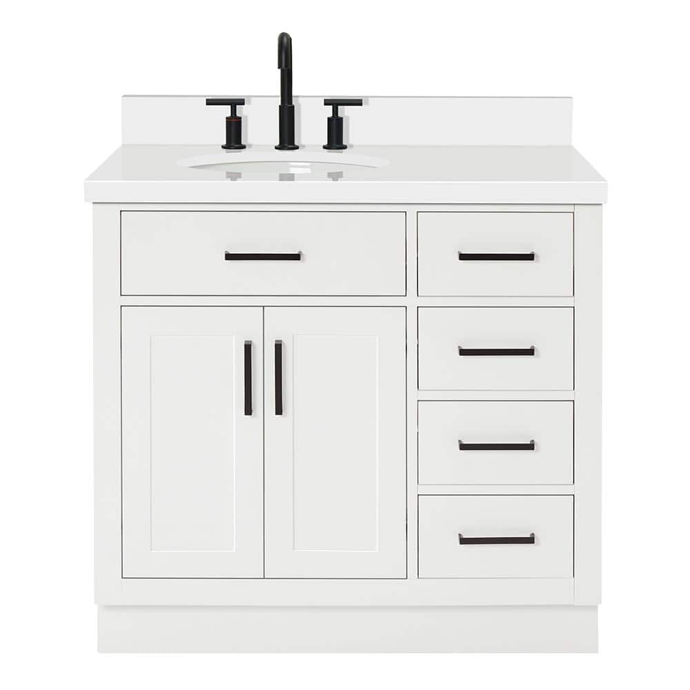 White Hardwood Freestanding Single Vanity with Quartz Top