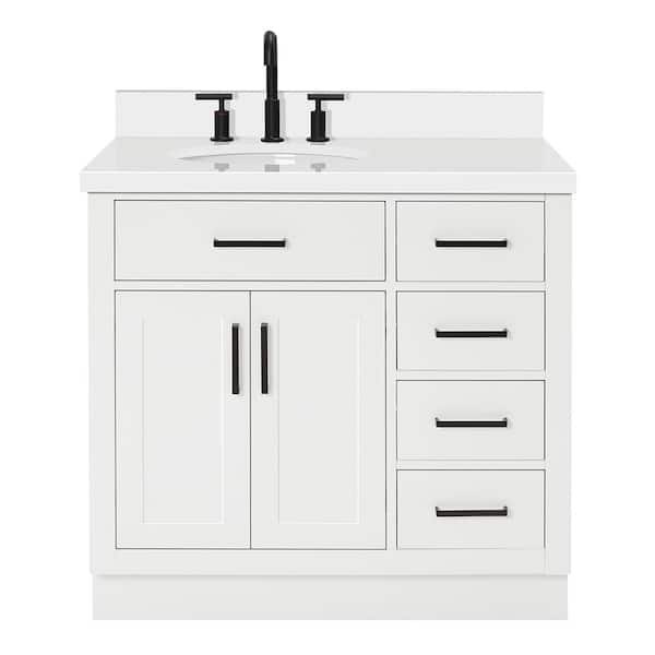 Hepburn 36 in. W x 22 in. D x 36 in. H Single Freestanding in White Bath Vanity with Pure White Quartz Top