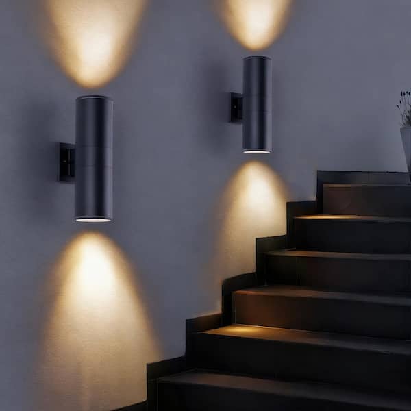 18 in.H 2-Pack Up and Down Outdoor Wall Light, Matte Black Aluminum Cylinder Sconce, Modern Porch Fixture