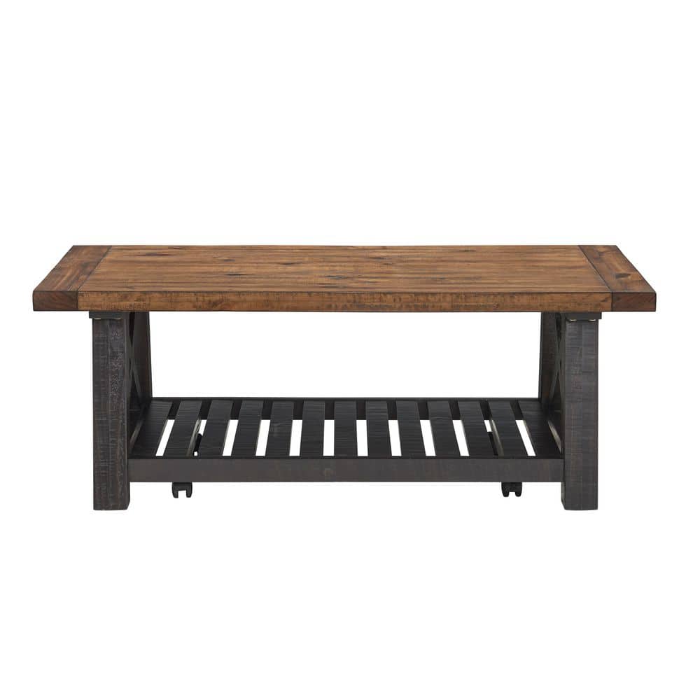 Krause 50 in. Black and Natural Rectangular Solid Wood Coffee Table with Sh