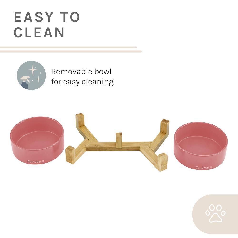 Pink Ceramic Dual Pet Bowl with Wooden Stand