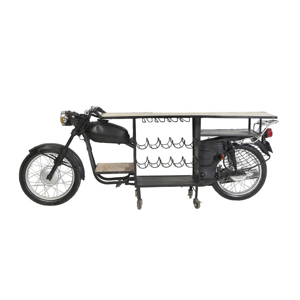 Black Metal and Mango Wood Motorcycle Bar Cart