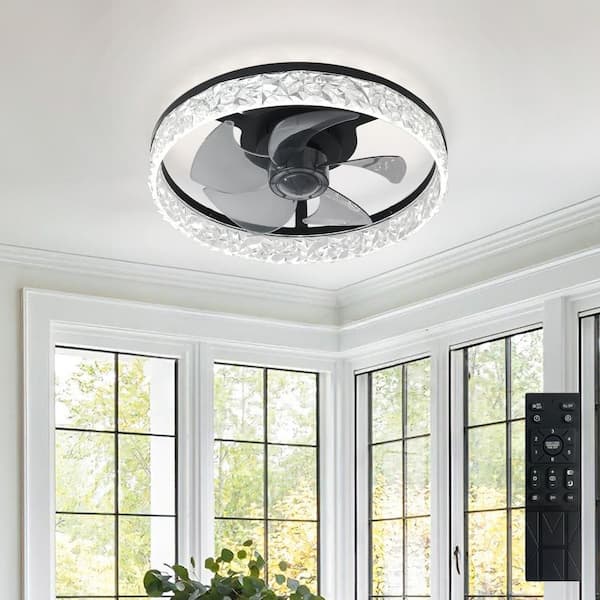 16 in. Black Small Fan Flush Mount Low Profile Modern Ceiling Fan Light for Bedroom Indoor Included APP Remote DC Motor