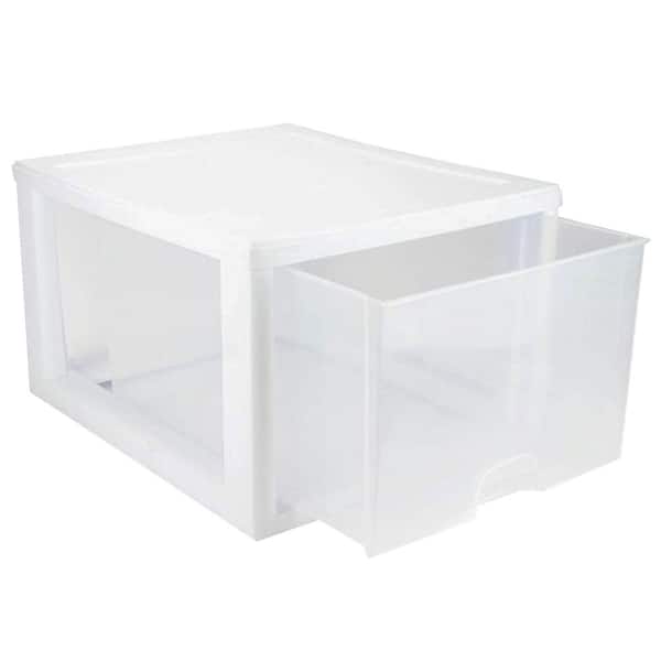 Sterilite 27 Qt Stacking Storage Drawer, Stackable Plastic Bin Drawer to  Organize Shoes and Clothes in Home Closet, White with Clear Drawer, 12-Pack