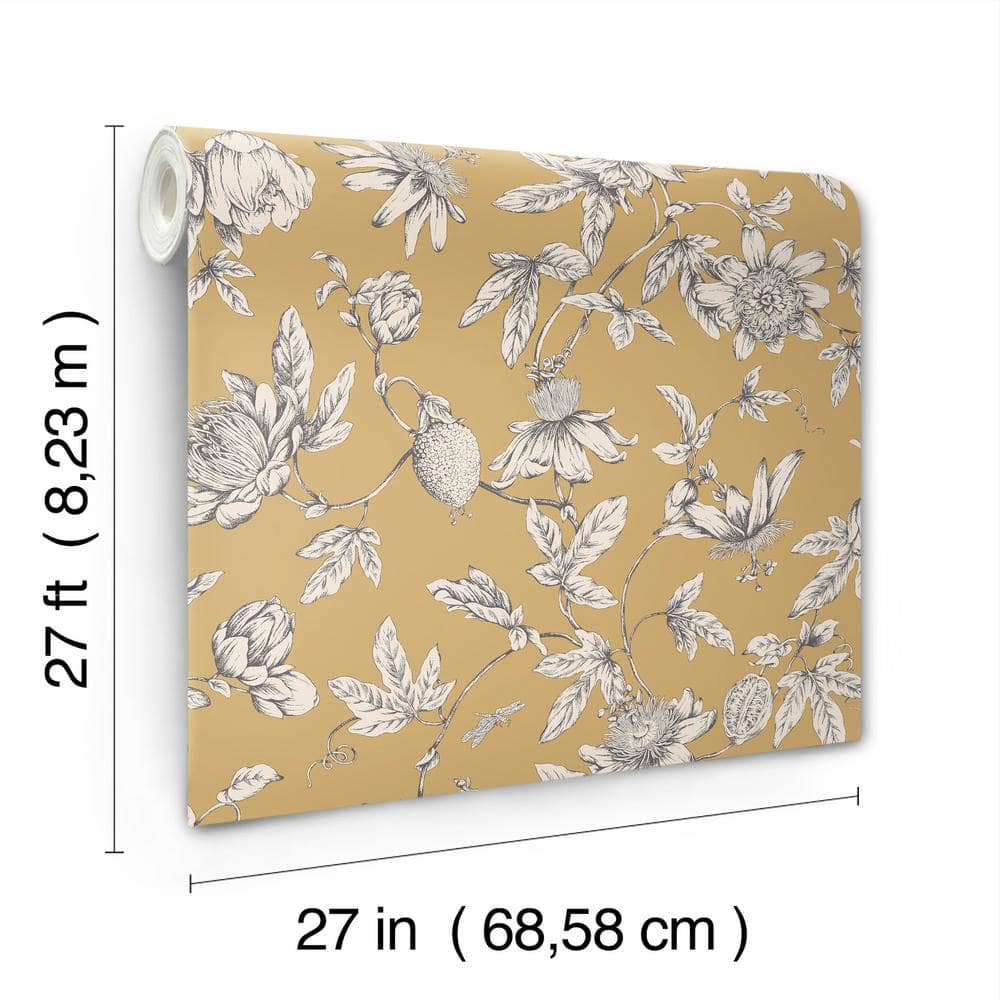 Golden Harvest Passion Flower Toile Floral Wallpaper