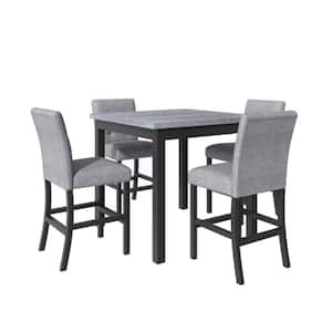 Black 5-Piece Wood Counter Height Table Upholstered Chairs with Footrest Outdoor Dining Set with Gray Padded Cushions