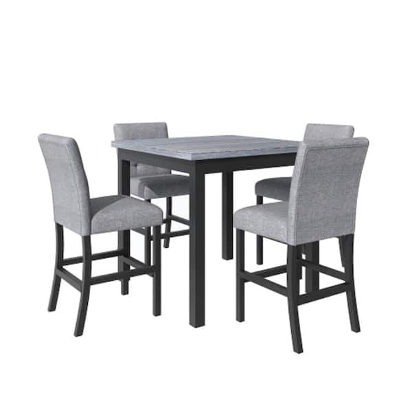 Unbranded Black 5-Piece Wood Counter Height Table Upholstered Chairs with Footrest Outdoor Dining Set with Gray Padded Cushions
