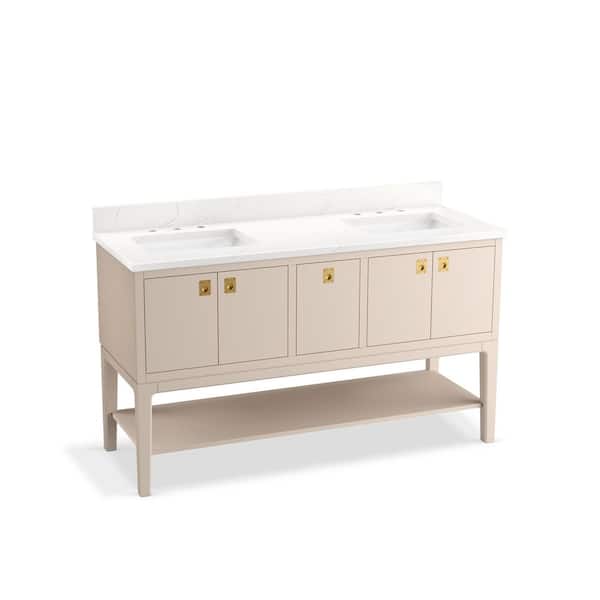 KOHLER Seagrove 61in. Double Sink Freestanding Light Clay Bath Vanity with White Quartz Top Assembled