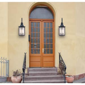 Monte Grande 10 in. W x 26.75 in. H 3-Light English Bronze Hardwired Outdoor Wall Lantern Sconce with Seeded Glass Shade