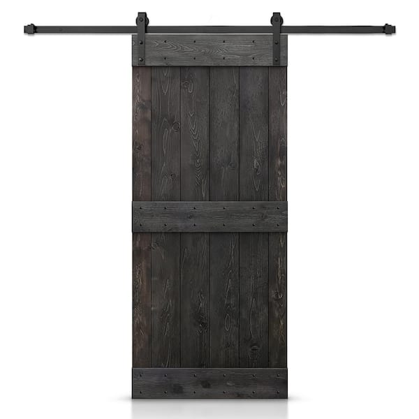 CALHOME Distressed Mid-Bar 36 in. x 84 in. Charcoal Black Stained Solid Pine Wood Interior Sliding Barn Door with Hardware Kit