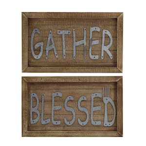 "Gather and Blessed" Natural Wood Wall Plaques with Galvanized Metal Sentiments, Decorative Sign, Set of 2,20x12-in