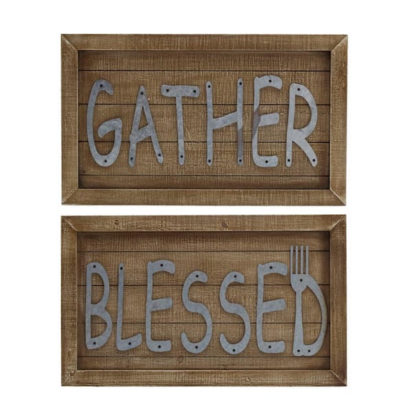 Elements "Gather and Blessed" Natural Wood Wall Plaques with Galvanized Metal Sentiments, Decorative Sign, Set of 2,20x12-in
