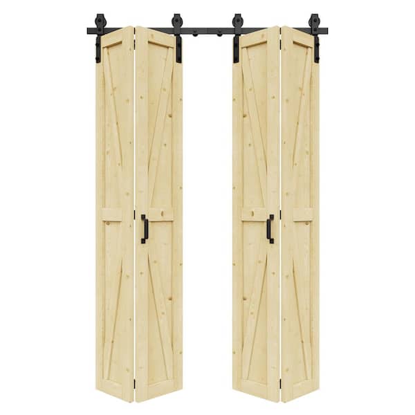 50 in. x 84 in. Paneled Pine Wood Solid Core Unfinished K Shape Composite Bi-fold Door with Bifold Barn Door Hardware