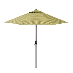 9 ft. Bronze Aluminum Market Patio Umbrella with Crank Lift Autotilt in Pesto Green and Lavalier Palm Pacifica Premium