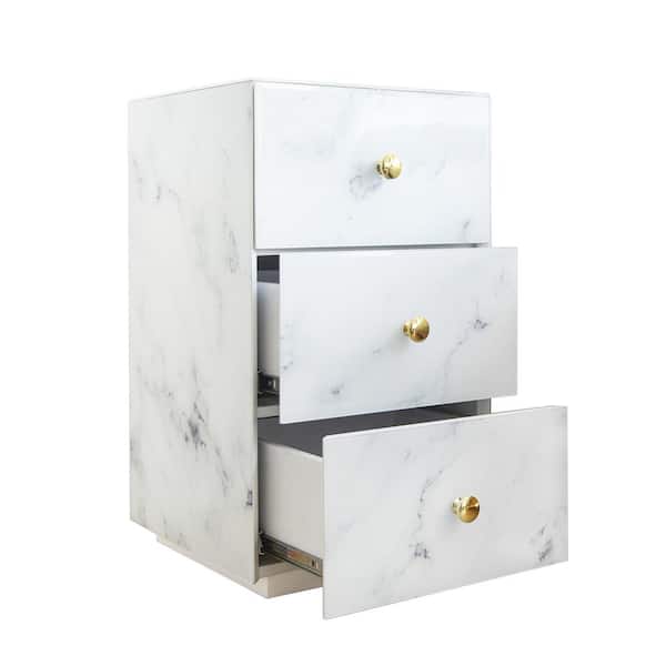 URTR 3-Drawer Cream White Tempered Glass Nightstand with Marble Texture, Bedside Sofa Side Table(13.8"L X 13.8"W X 23.6"H)
