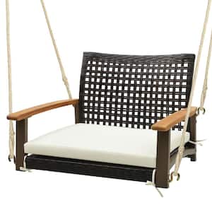 Rattan Porch Swing Patio Wicker Single Hanging Seat with Seat Cushion and Acacia Wood Armrests