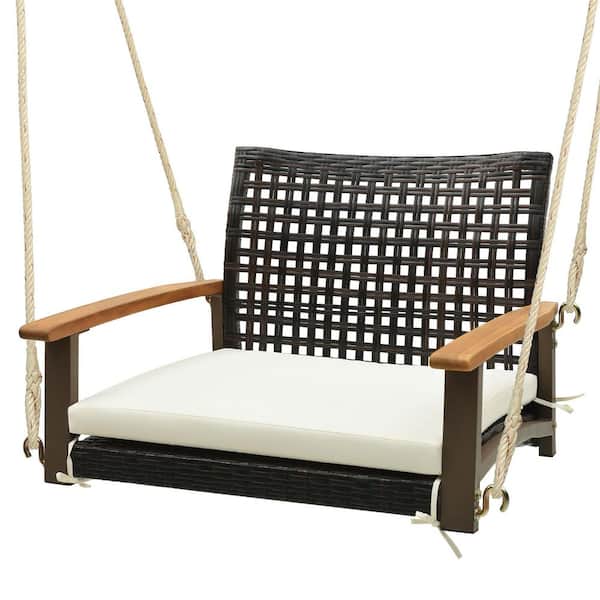 Gymax Rattan Porch Swing Patio Wicker Single Hanging Seat with Seat Cushion and Acacia Wood Armrests