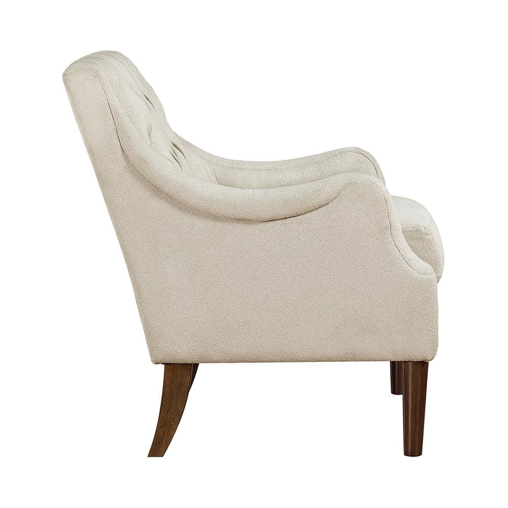 Beige Boucle Fabric Accent Chair with Dark Brown Wood Legs