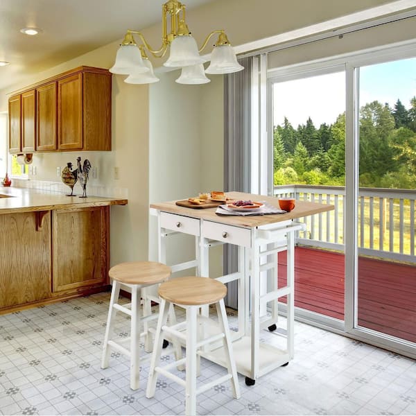 Kitchen Breakfast Cart with Drop-Leaf Table, Harvest Hardwood Top, Square in 2-Tone, Natural/White