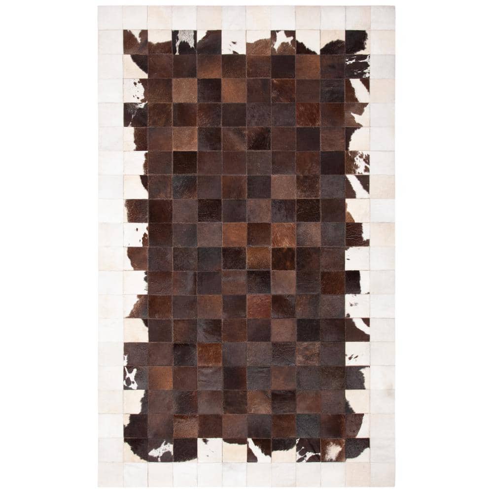 Artisan Ivory Geometric Hand-Stitched Cowhide 5' x 8' Area Rug