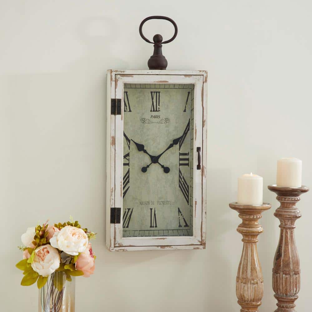 White Wood Pocket Watch Style Wall Clock with Metal Accents