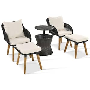Black 5-Piece Wicker Patio Conversation Set with Wicker Cool Bar Table Club Chairs and Ottomans Set, Outdoor Bistro Sets