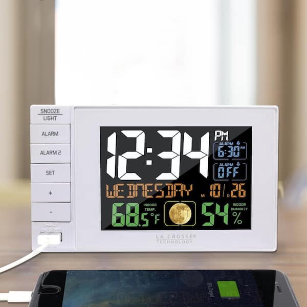 La Crosse Technology 6 in. x 4 in. Dual Alarm Multi-Color Clock with USB Charge Port, White