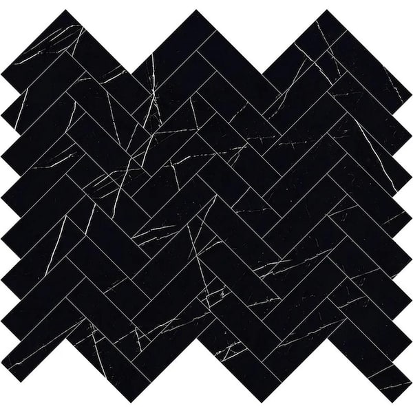 Veneto 11.1" x 12.36" Polished Black Marquina Porcelain Herringbone Wall and Floor Tile 4.76 sq. ft./Case - 5 Sheets