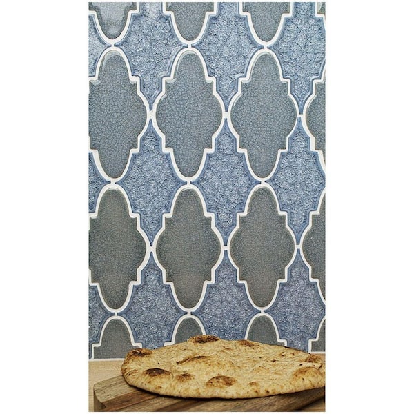 Roman Selection Iced Blue Arabesque 12-1/4 in. x 13-3/4 in. x 8 mm Glass  Mosaic Tile