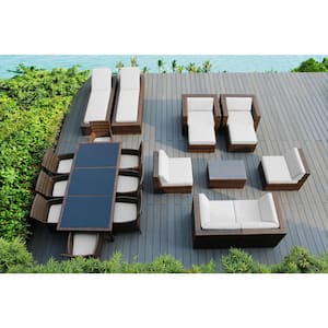 Mixed Brown 20-Piece Wicker Patio Combo Conversation Set with Sunbrella Natural Cushions