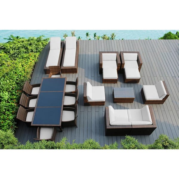 Mixed Brown 20-Piece Wicker Patio Combo Conversation Set with Sunbrella Natural Cushions