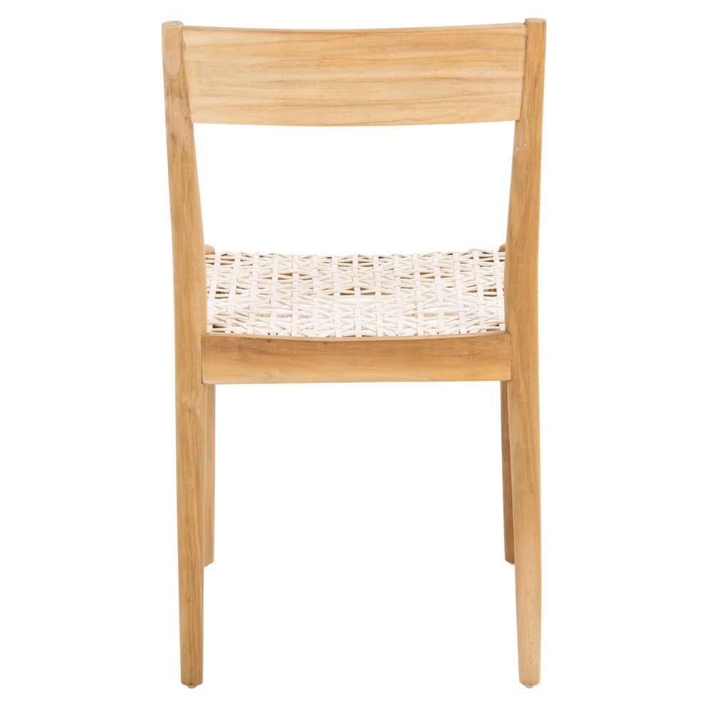 Set of 2 White Woven Leather and Teak Dining Chairs