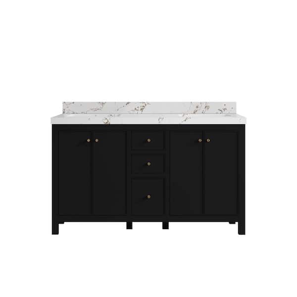Willow Collections Chicago 60 in. W x 22 in. D x 36 in. H Double Sink Bath Vanity Black with 2 in. Viola Brown Qt. Top