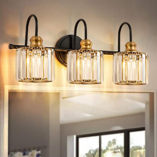 Katherine 21.3 in. 3-Light Modern Black with Gold Bathroom Vanity Light with Round Crystal Shades