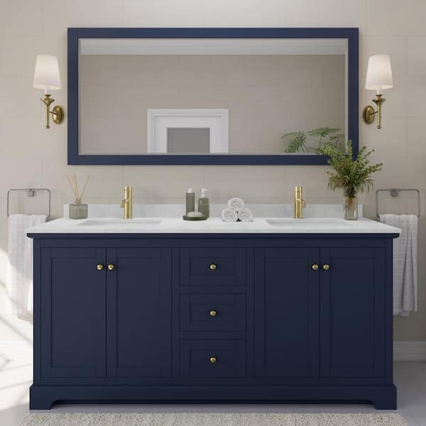 Wyndham Collection Avery 72in.Wx22 in.D Double Vanity in Dark Blue with Cultured Marble Vanity Top in Light-Vein Carrara with White Basins