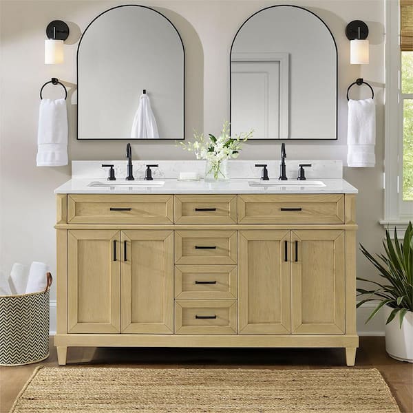 Talmore 60 in. Double Sink Light Oak Bạth Vanity with White Engineered Marble Top (Assembled)