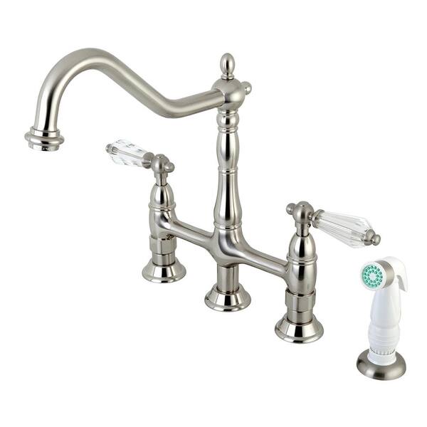 Kingston Brass Victorian Crystal 2-Handle Bridge Kitchen Faucet in Satin Nickel