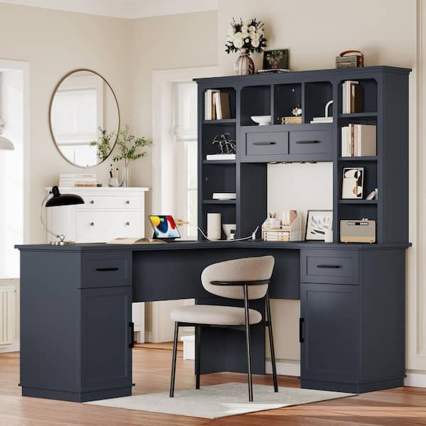 Modern 65 in. L-Shaped Antique Blue Wood 2-Drawer Computer Desk with Storage and Charging Station